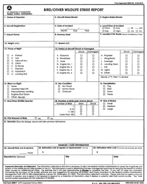 A picture of FAA Form 5200-7 which pilots use to report bird strikes and other wildlife strikes.